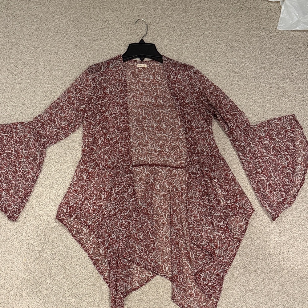 Hollister Maroon and White Floral Cardigan
